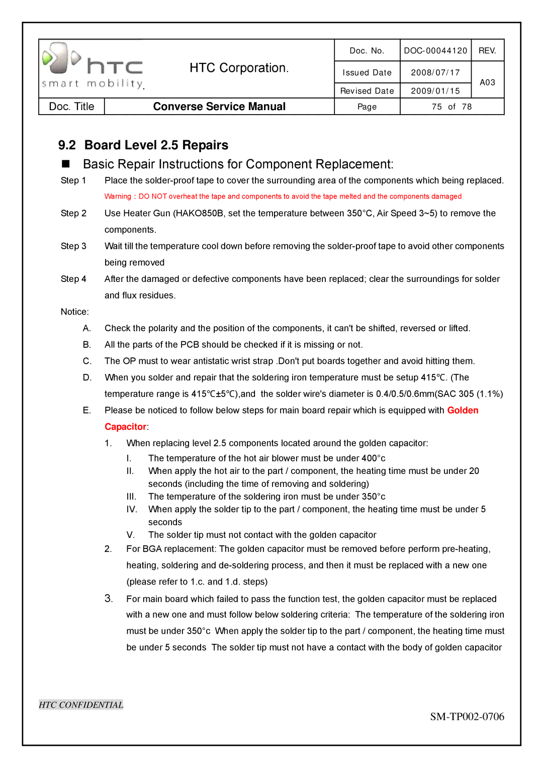 HTC SM-TP002-0706 service manual Board Level 2.5 Repairs, „ Basic Repair Instructions for Component Replacement 