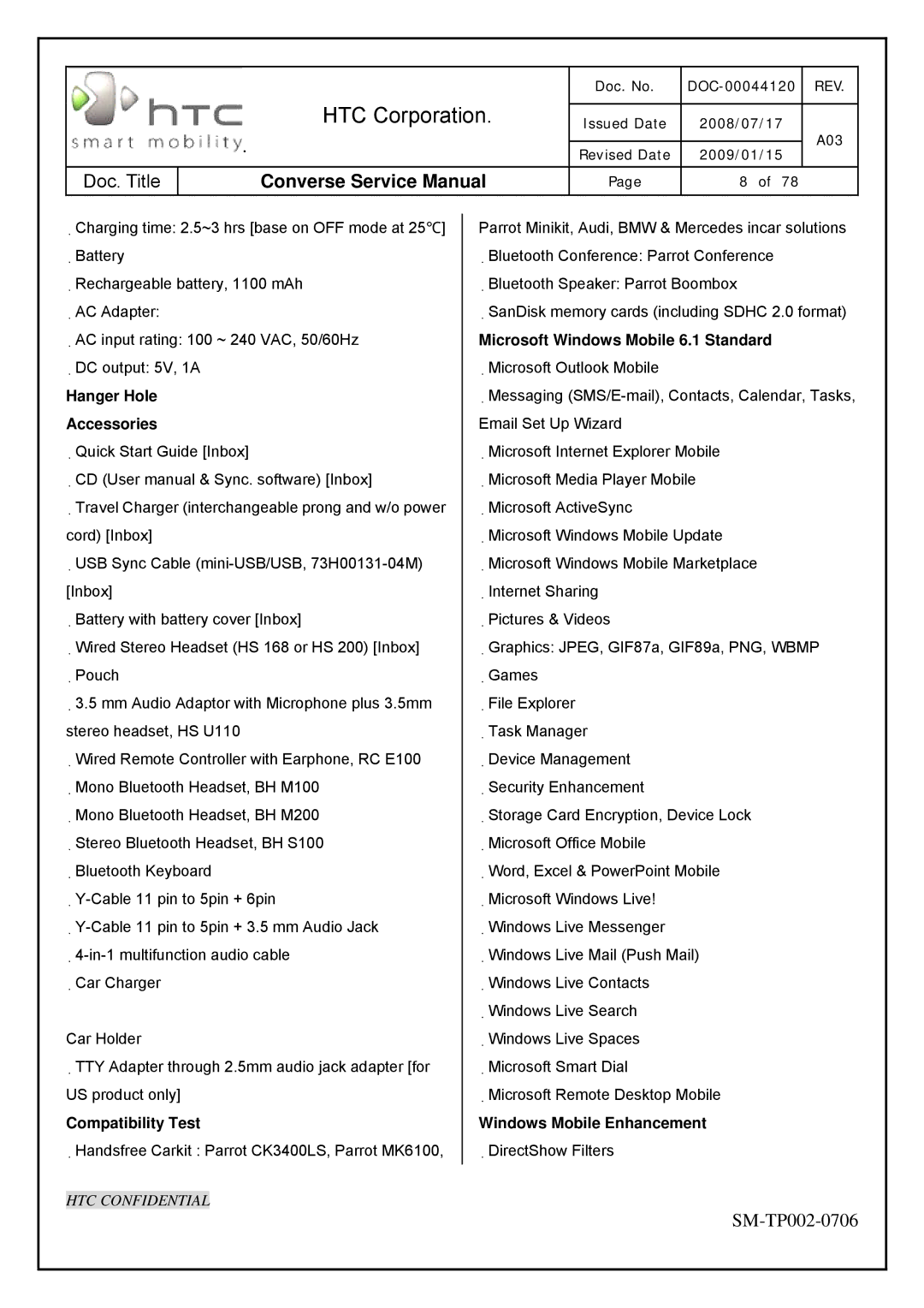 HTC SM-TP002-0706 service manual Hanger Hole Accessories, Compatibility Test, Microsoft Windows Mobile 6.1 Standard 