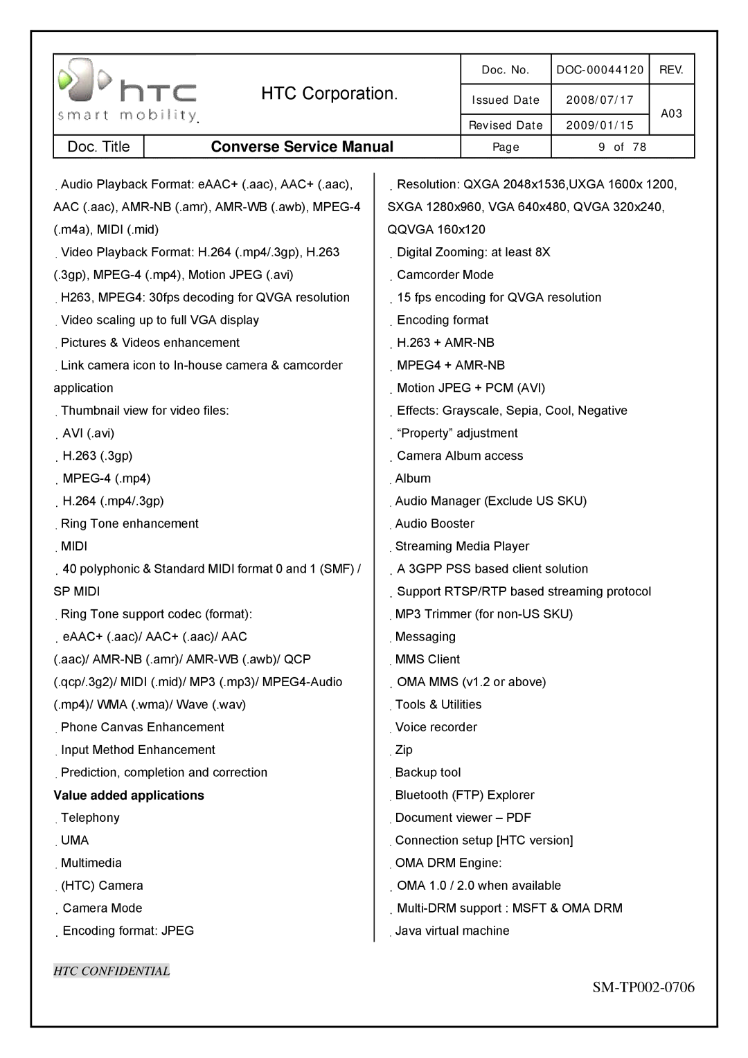 HTC SM-TP002-0706 service manual SP Midi, Value added applications 