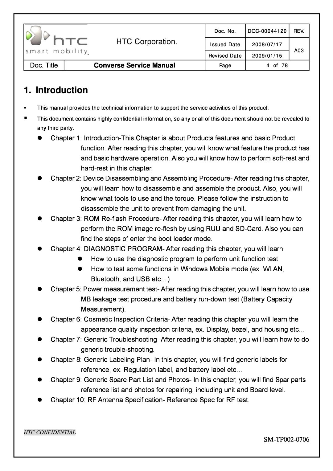 HTC SM-TP002-0706 service manual Introduction, HTC Corporation, Converse Service Manual 