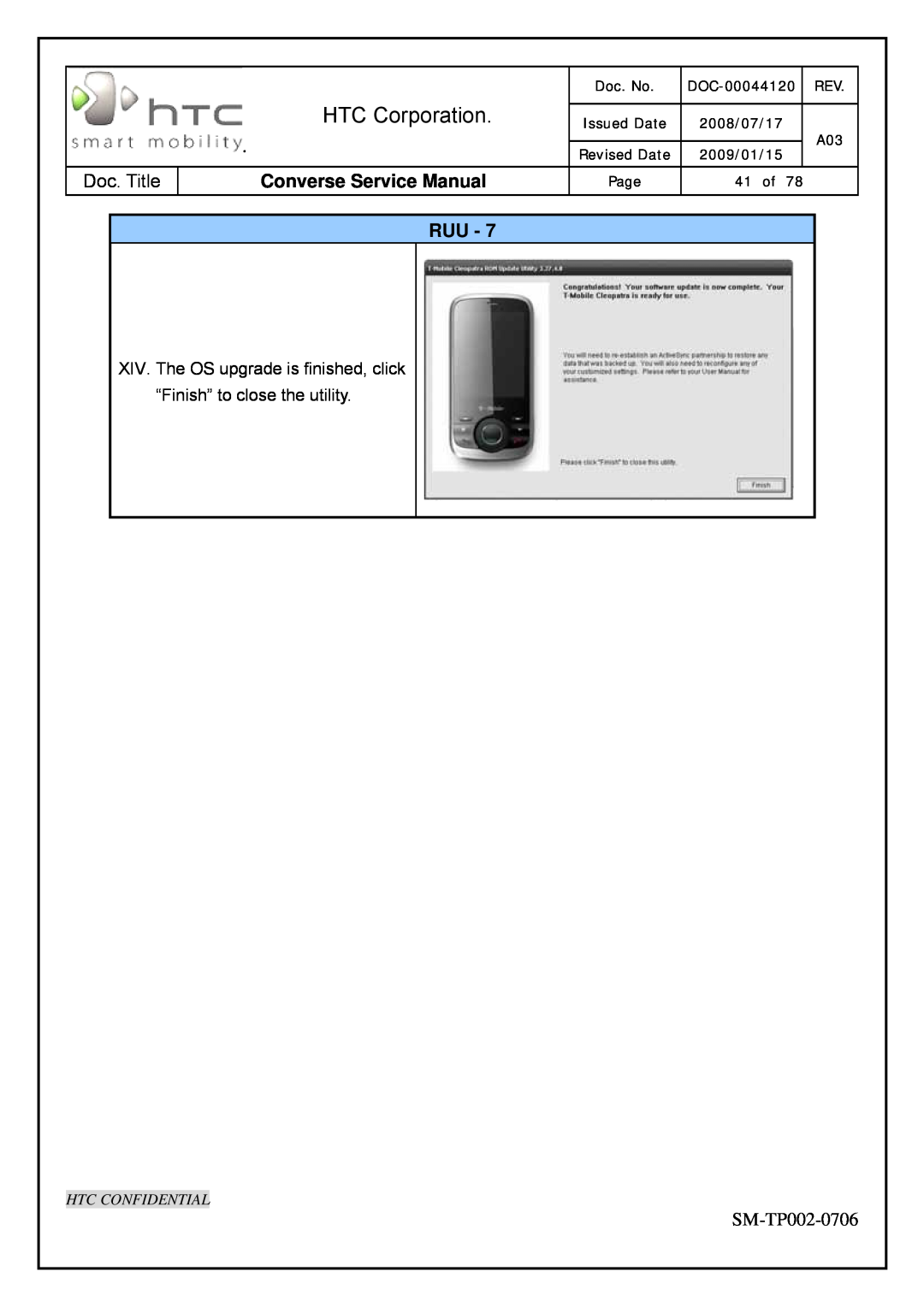 HTC SM-TP002-0706 HTC Corporation, Converse Service Manual, Htc Confidential, Doc. No, DOC-00044120, 41 of, Issued Date 