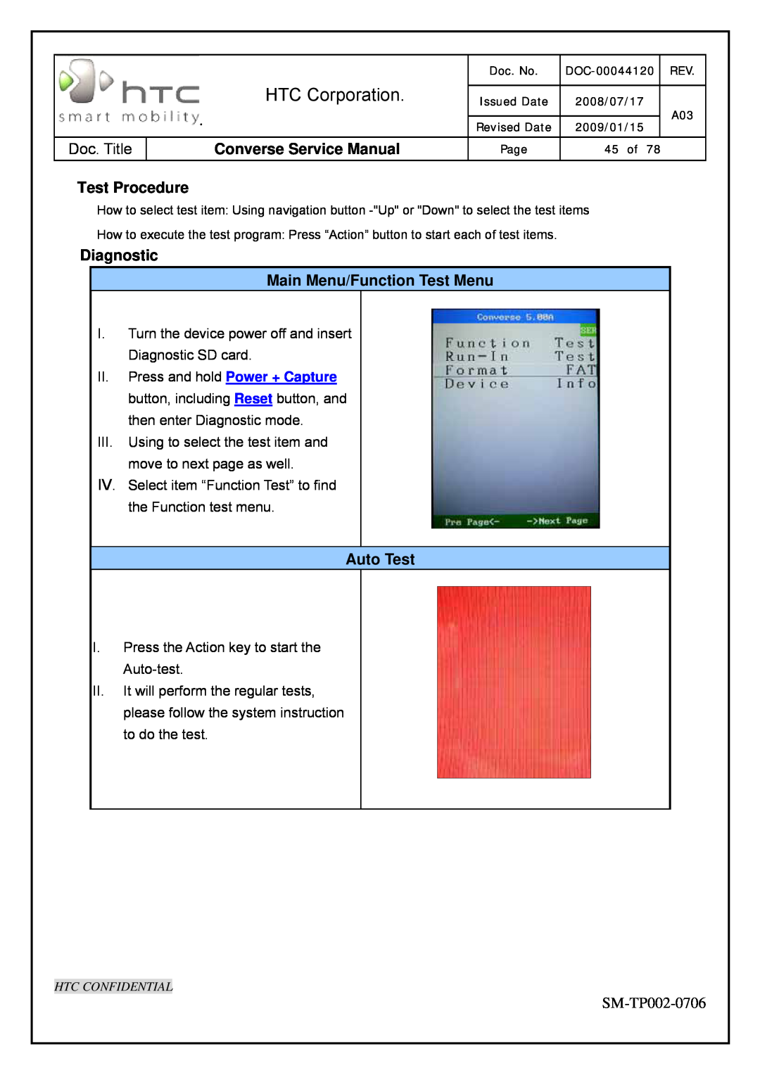 HTC SM-TP002-0706 service manual Test Procedure, Diagnostic Main Menu/Function Test Menu, Auto Test, HTC Corporation 