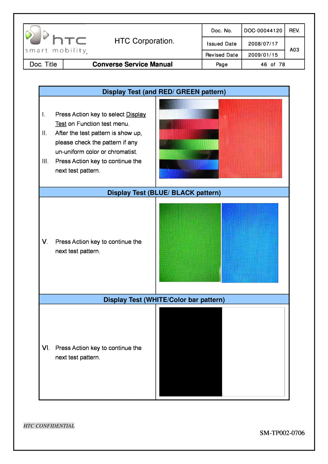 HTC SM-TP002-0706 service manual Display Test and RED/ GREEN pattern, Display Test BLUE/ BLACK pattern, HTC Corporation 