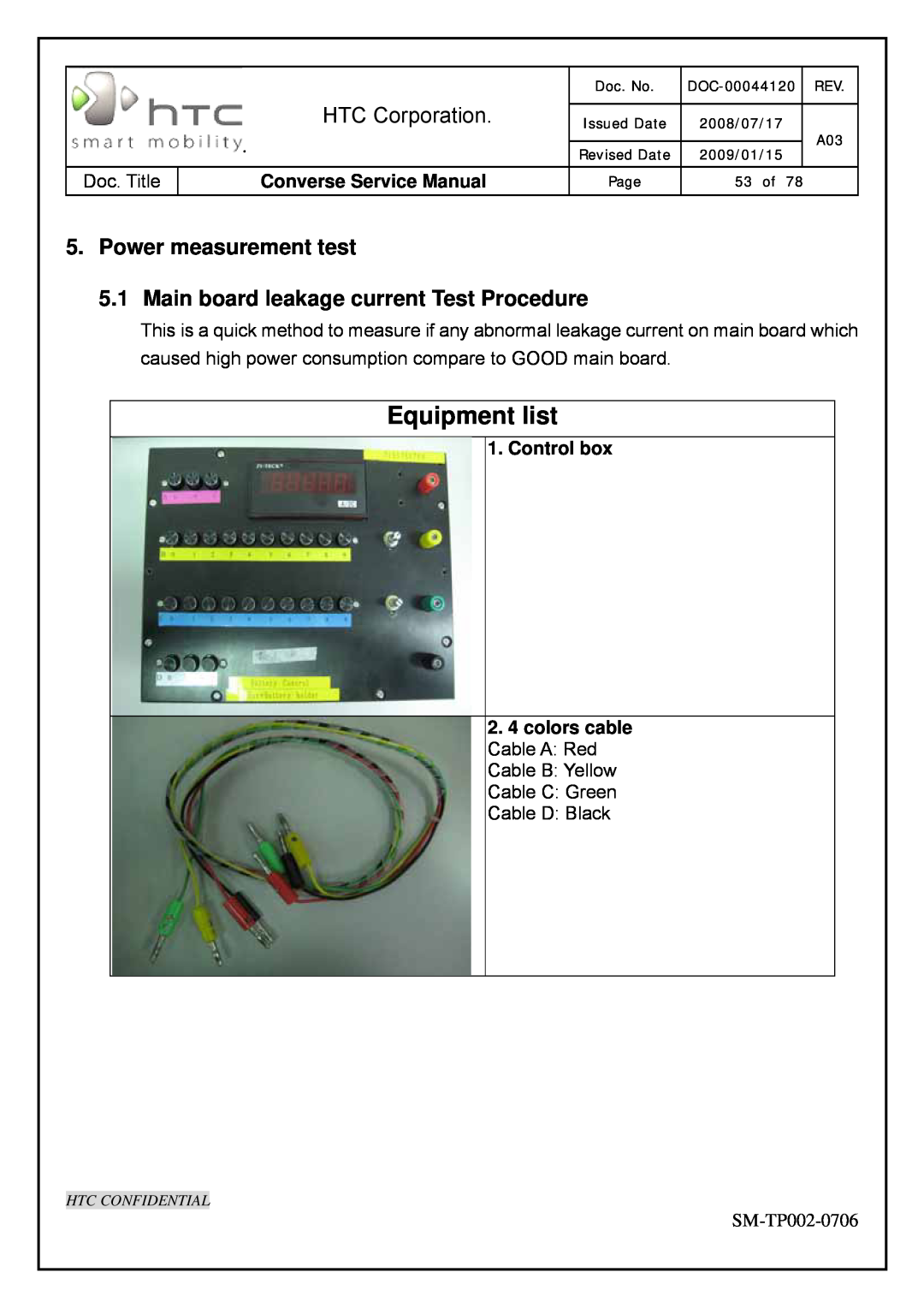 HTC SM-TP002-0706 Equipment list, Power measurement test, Main board leakage current Test Procedure, Control box 