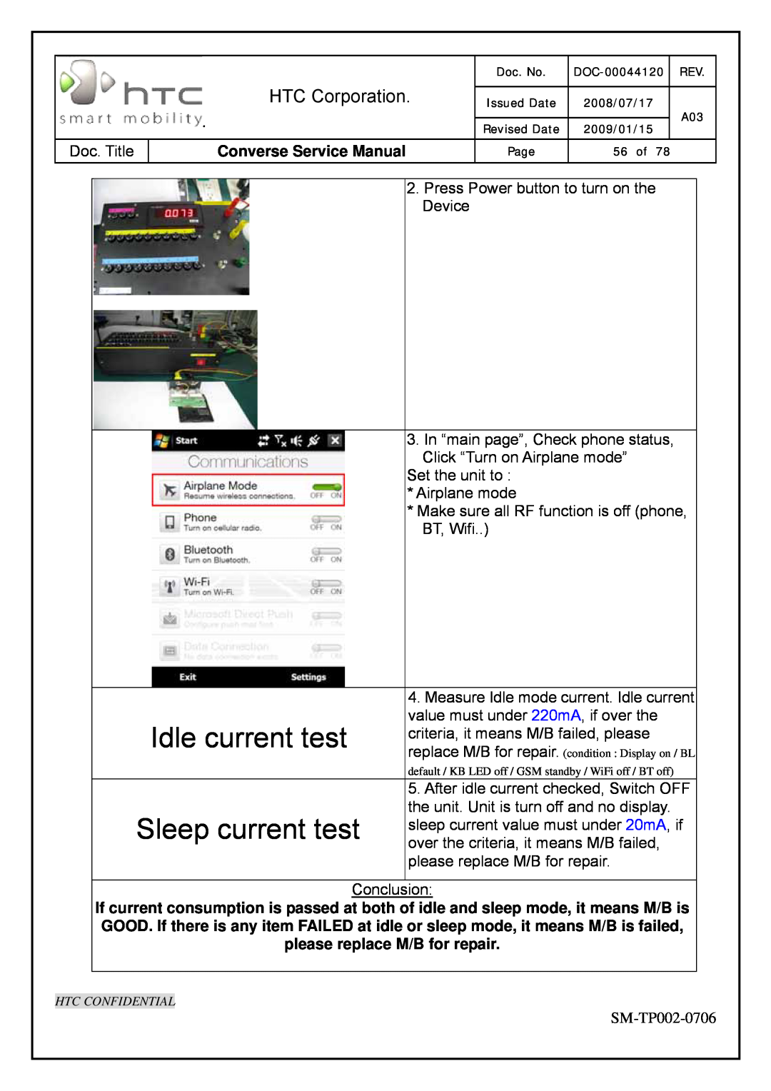 HTC SM-TP002-0706 service manual Idle current test, Sleep current test, HTC Corporation, Converse Service Manual 