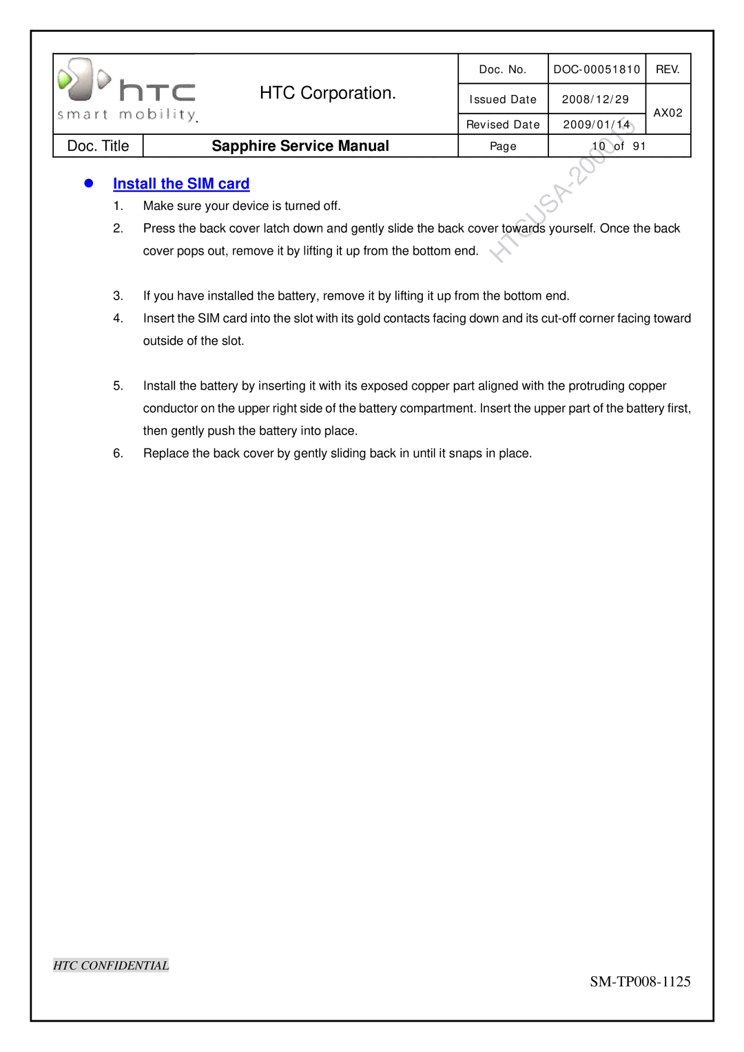 HTC SM-TP008-1125 service manual Install the SIM card 