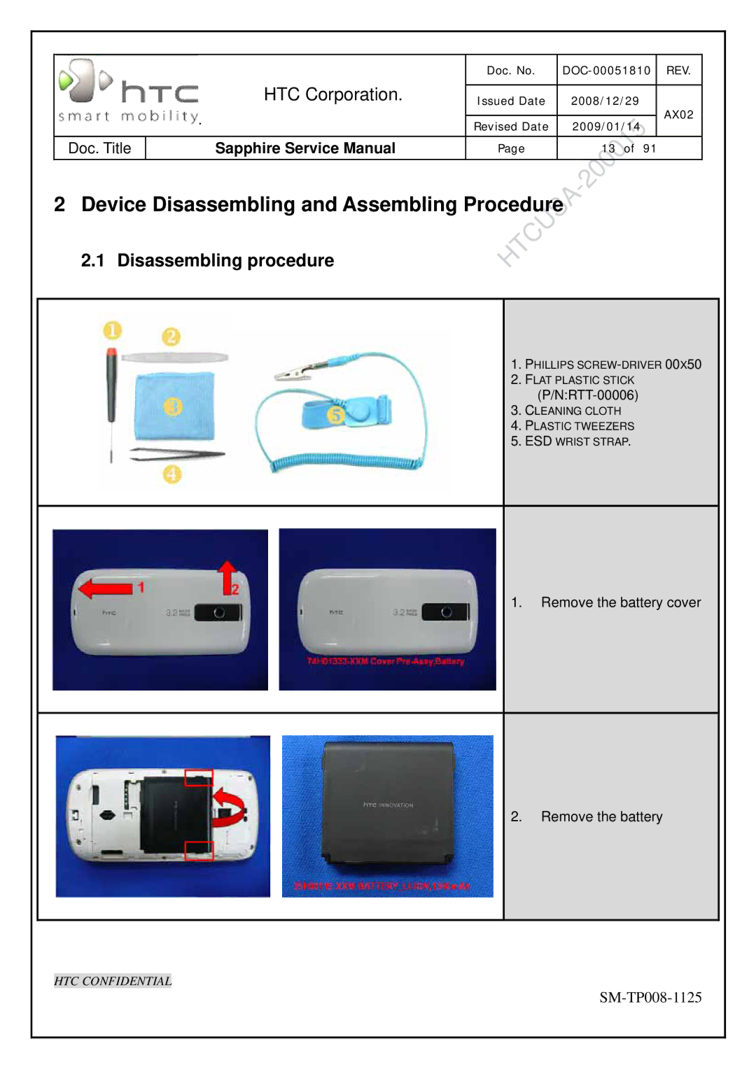 HTC SM-TP008-1125 service manual Device Disassembling and Assembling Procedure, Disassembling procedure 