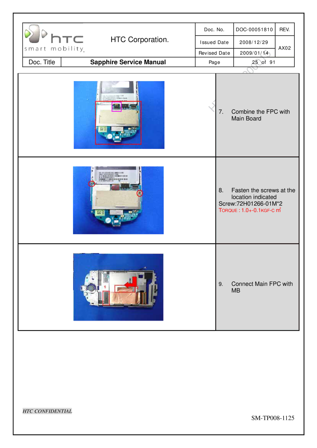 HTC SM-TP008-1125 service manual Connect Main FPC with 