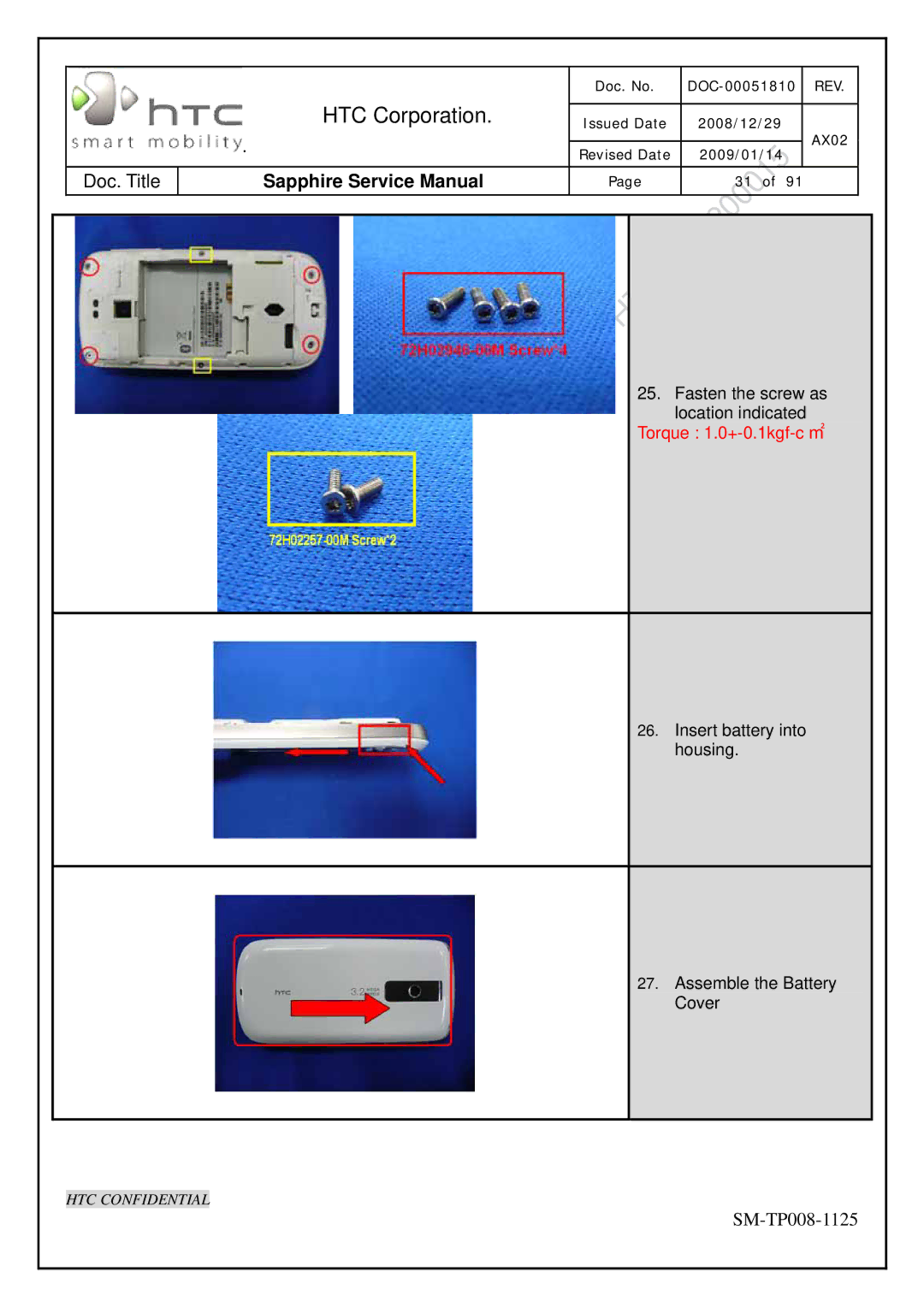 HTC SM-TP008-1125 service manual Fasten the screw as location indicated 