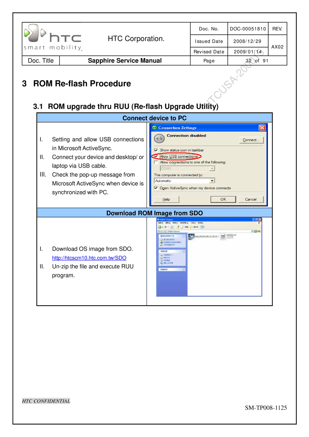 HTC SM-TP008-1125 ROM upgrade thru RUU Re-flash Upgrade Utility, Connect device to PC, Download ROM Image from SDO 