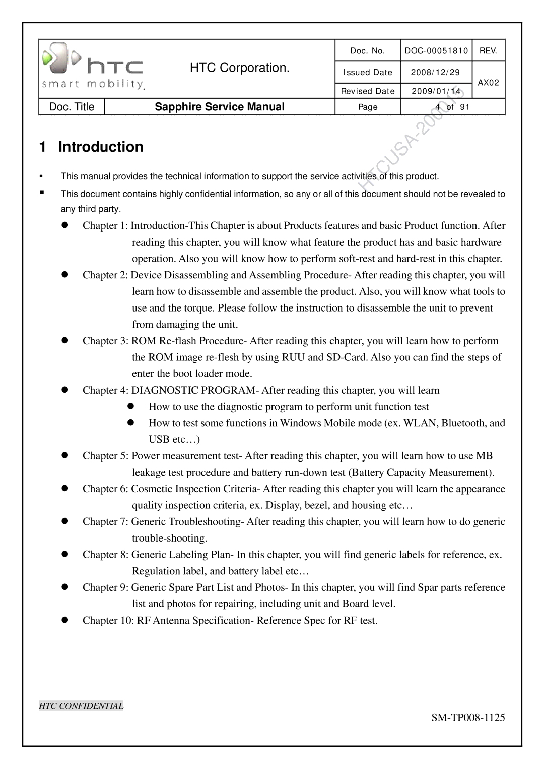 HTC SM-TP008-1125 service manual Introduction 