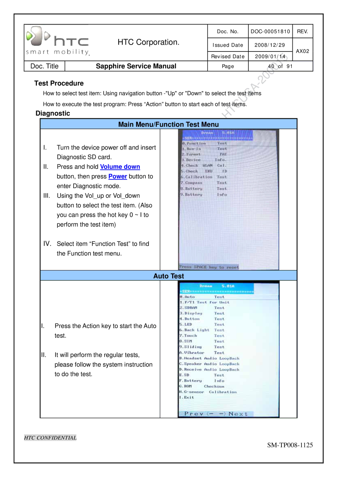 HTC SM-TP008-1125 service manual Test Procedure, Diagnostic Main Menu/Function Test Menu, Auto Test 