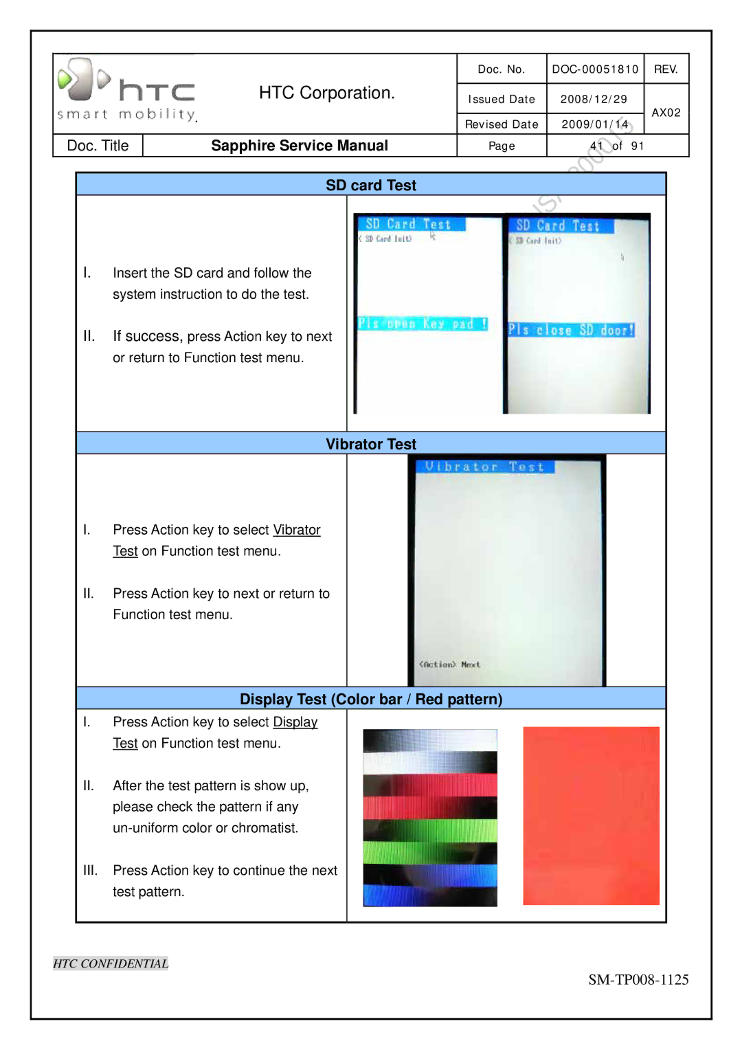 HTC SM-TP008-1125 service manual SD card Test, Vibrator Test, Display Test Color bar / Red pattern 