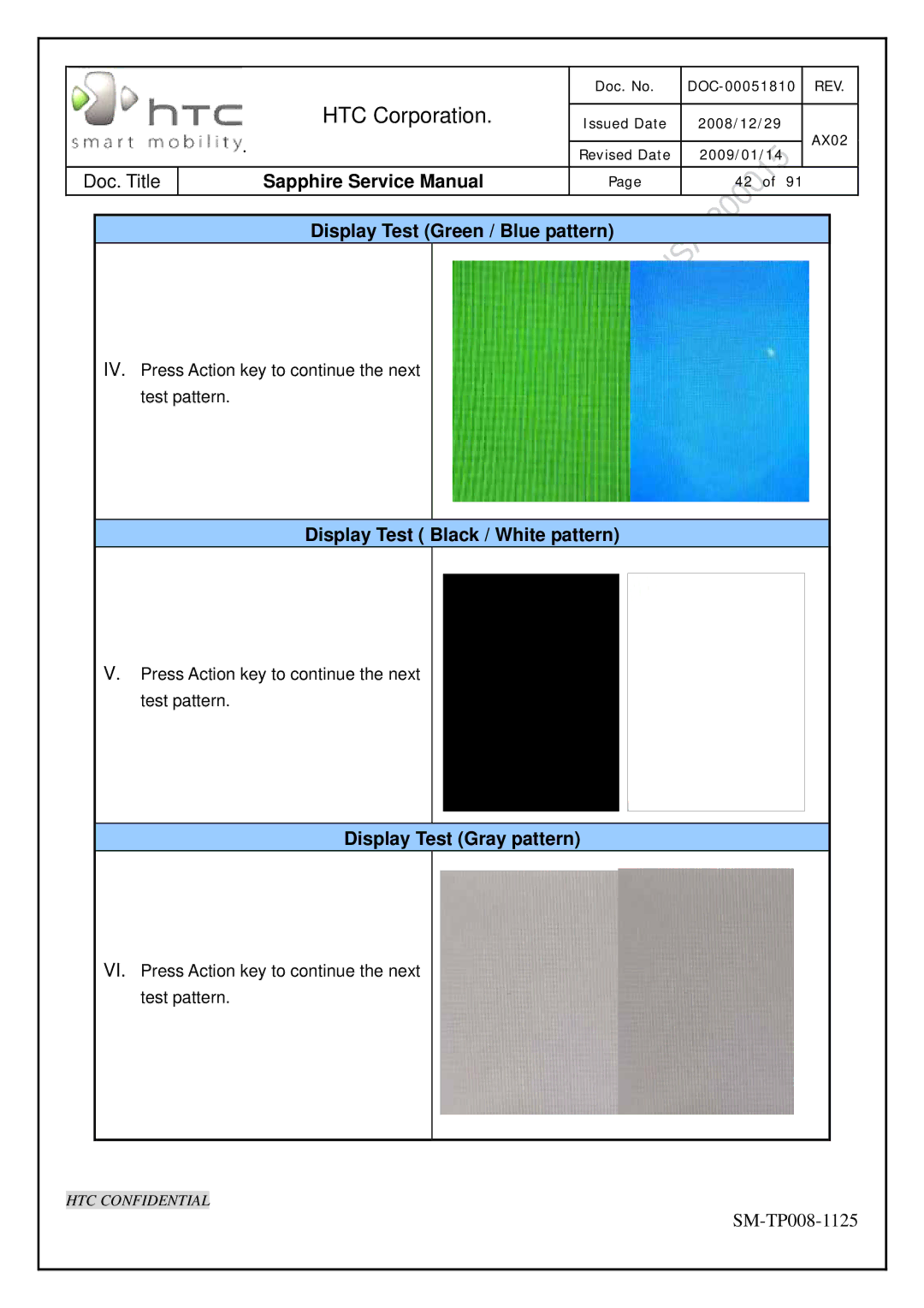 HTC SM-TP008-1125 Display Test Green / Blue pattern, Display Test Black / White pattern, Display Test Gray pattern 