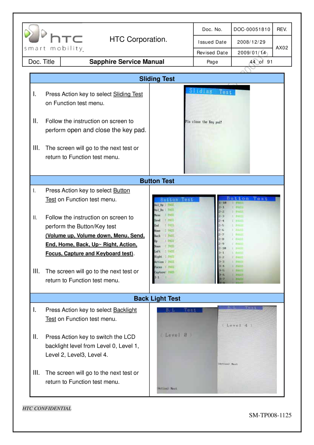 HTC SM-TP008-1125 service manual Sliding Test, Button Test, Back Light Test 