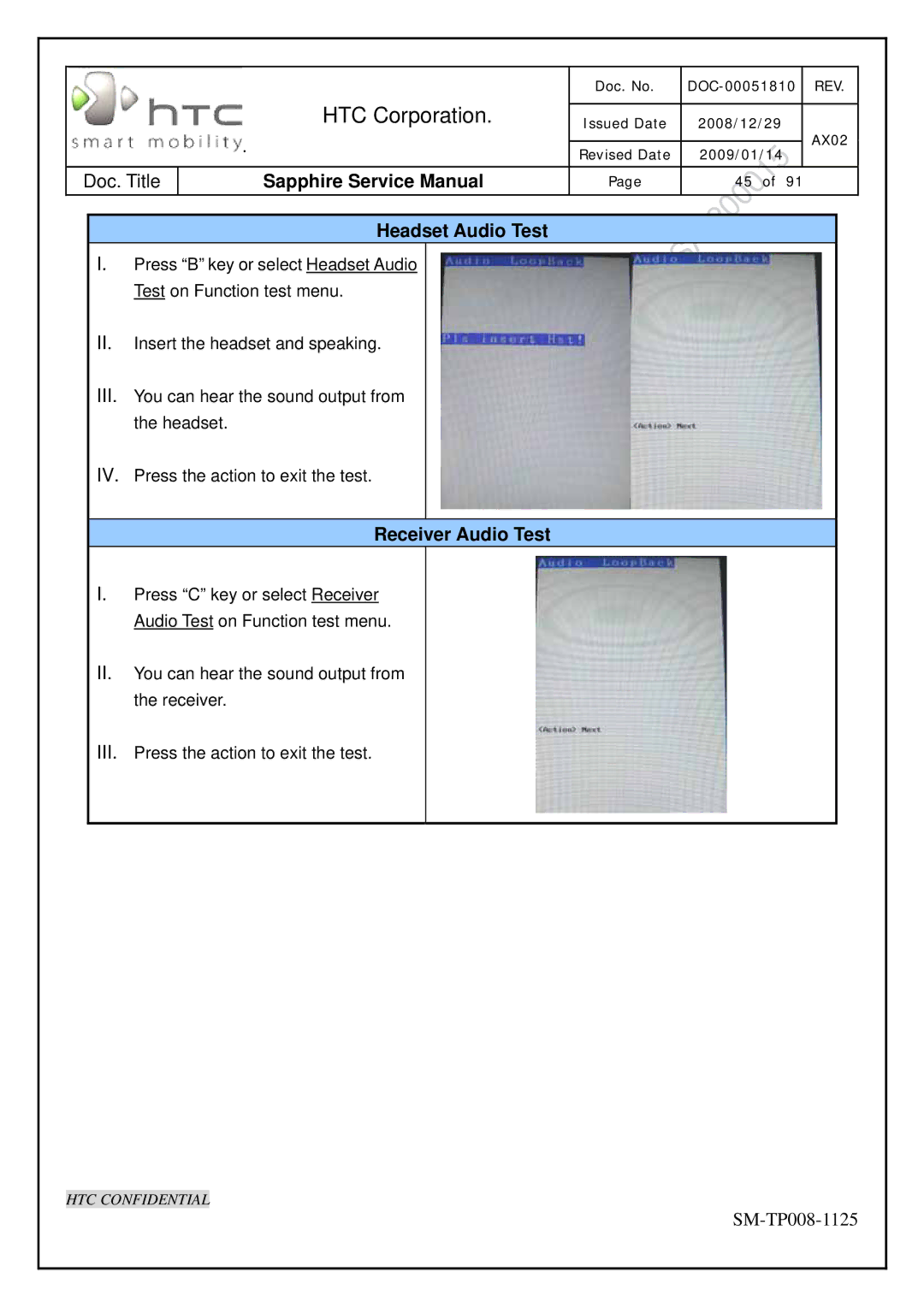 HTC SM-TP008-1125 service manual Headset Audio Test, Receiver Audio Test 