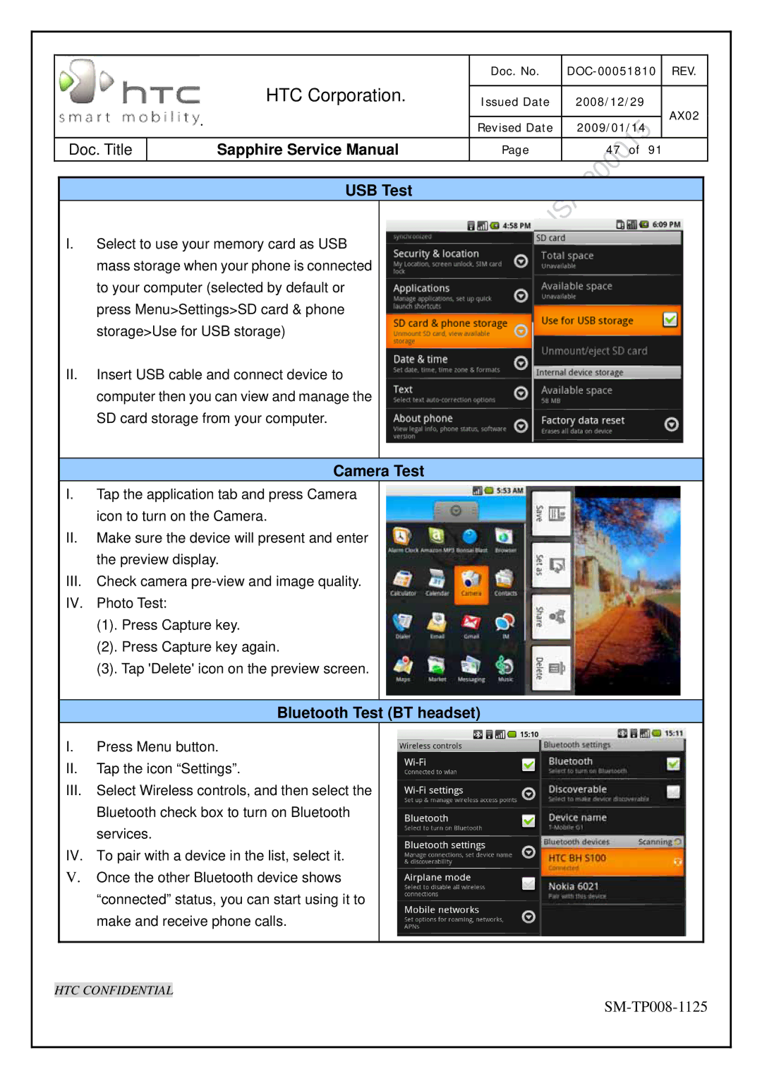 HTC SM-TP008-1125 service manual USB Test, Camera Test, Bluetooth Test BT headset 