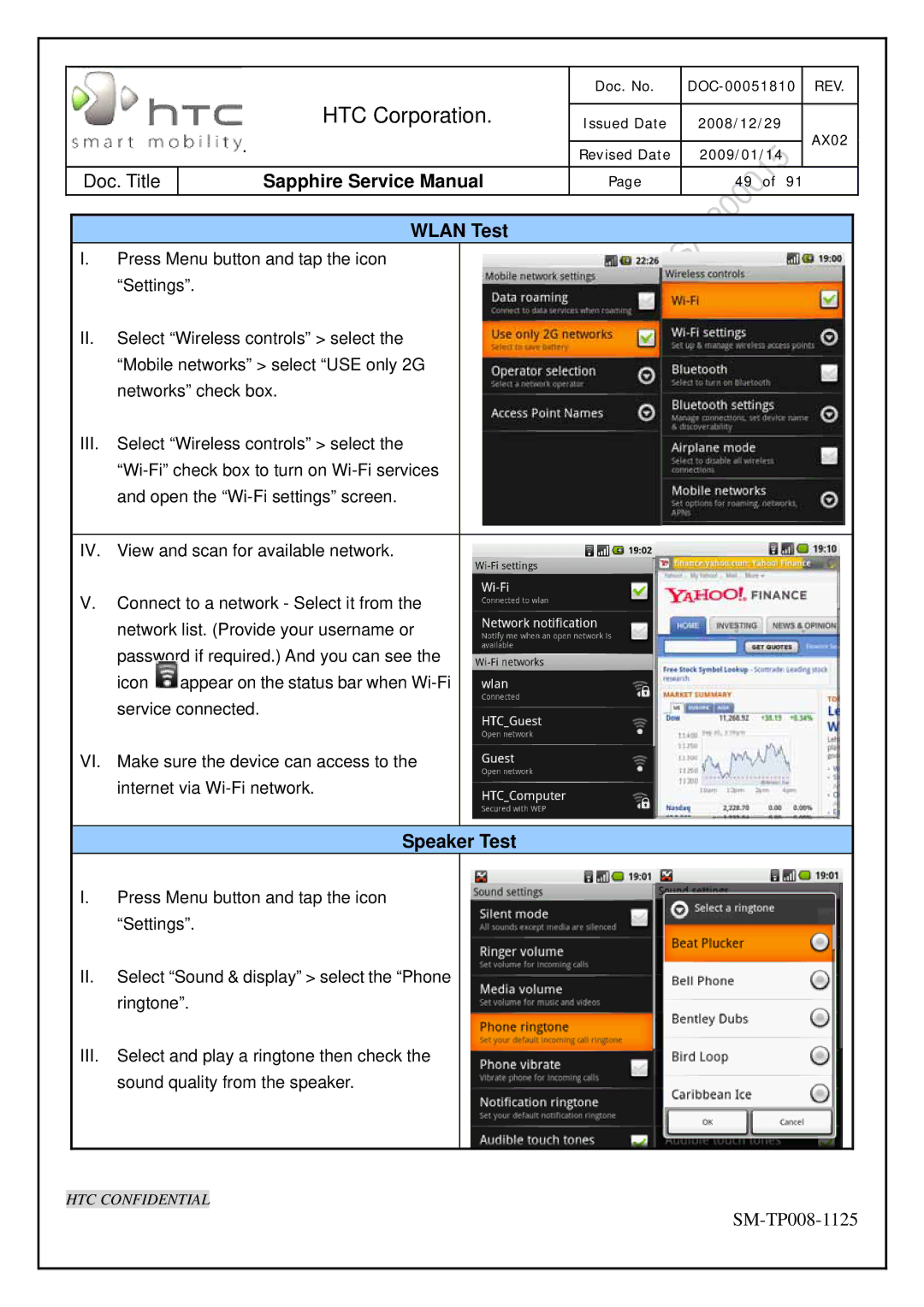 HTC SM-TP008-1125 service manual Wlan Test, Speaker Test 