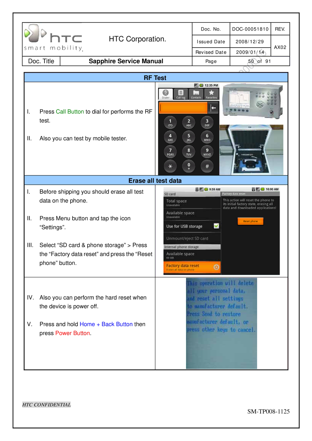 HTC SM-TP008-1125 service manual RF Test, Erase all test data 