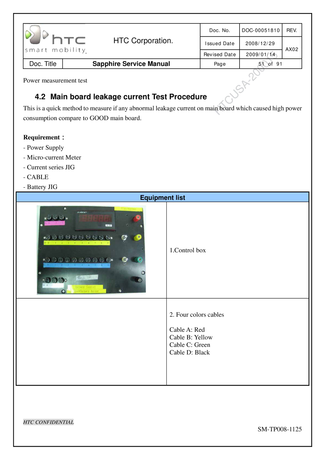 HTC SM-TP008-1125 service manual Main board leakage current Test Procedure, Equipment list 