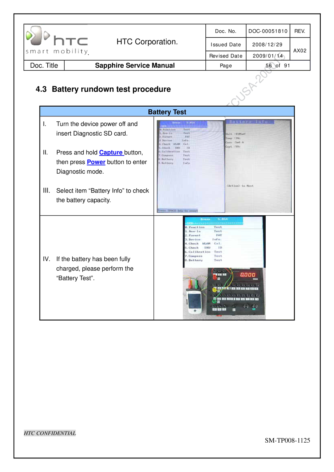 HTC SM-TP008-1125 service manual Battery rundown test procedure, Battery Test 