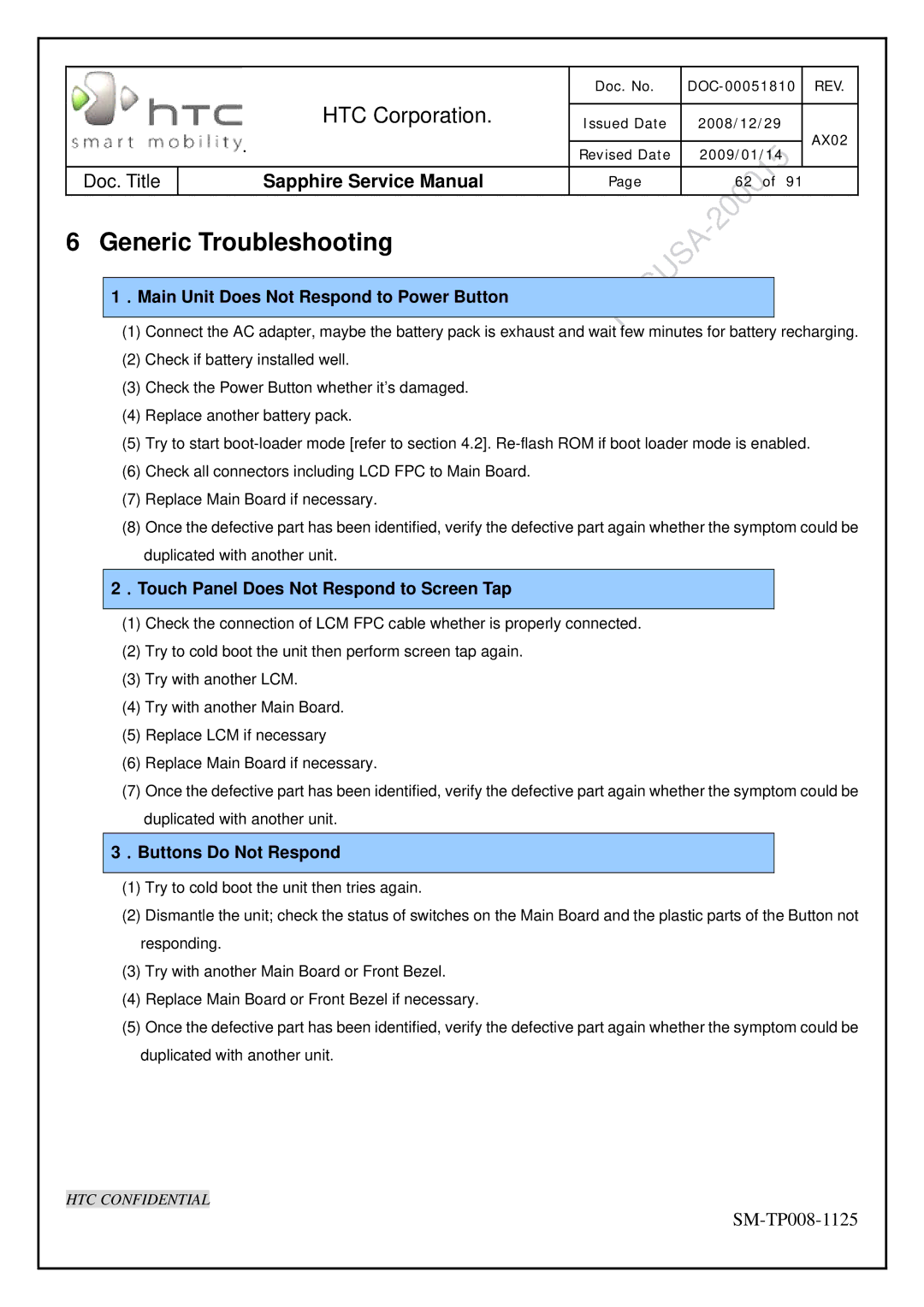 HTC SM-TP008-1125 service manual Generic Troubleshooting 