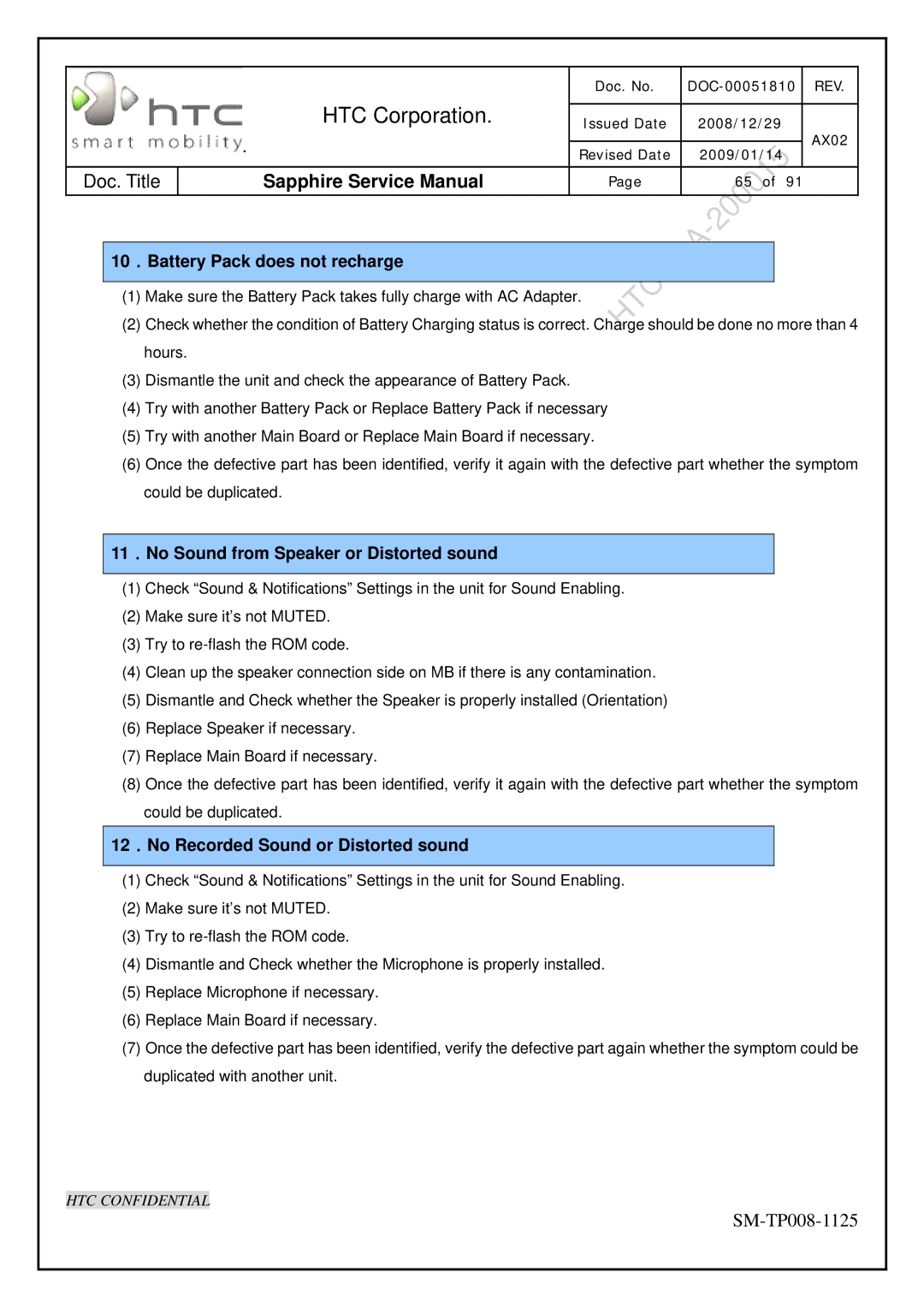 HTC SM-TP008-1125 service manual 10．Battery Pack does not recharge 