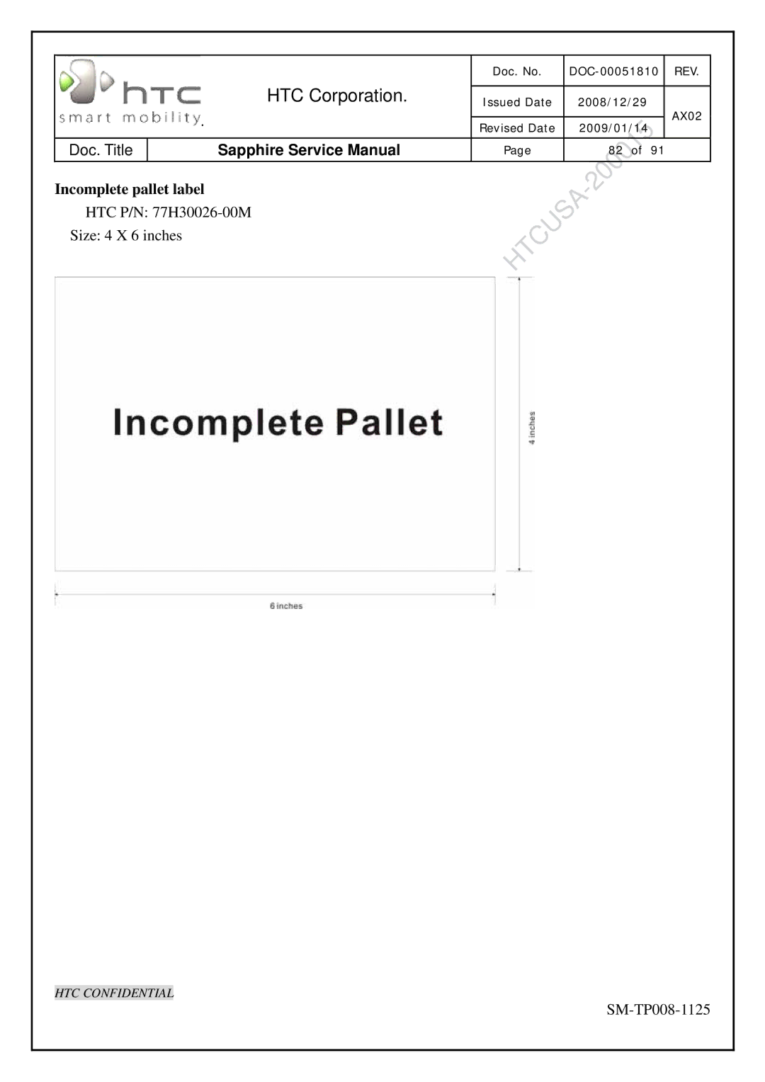 HTC SM-TP008-1125 service manual Incomplete pallet label 