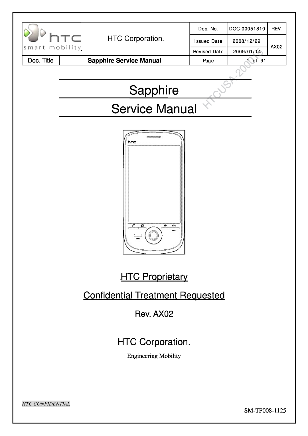 HTC SM-TP008-1125 service manual HTC Corporation, Sapphire Service Manual, Rev. AX02, Htc Confidential, Doc. No, 1 of 
