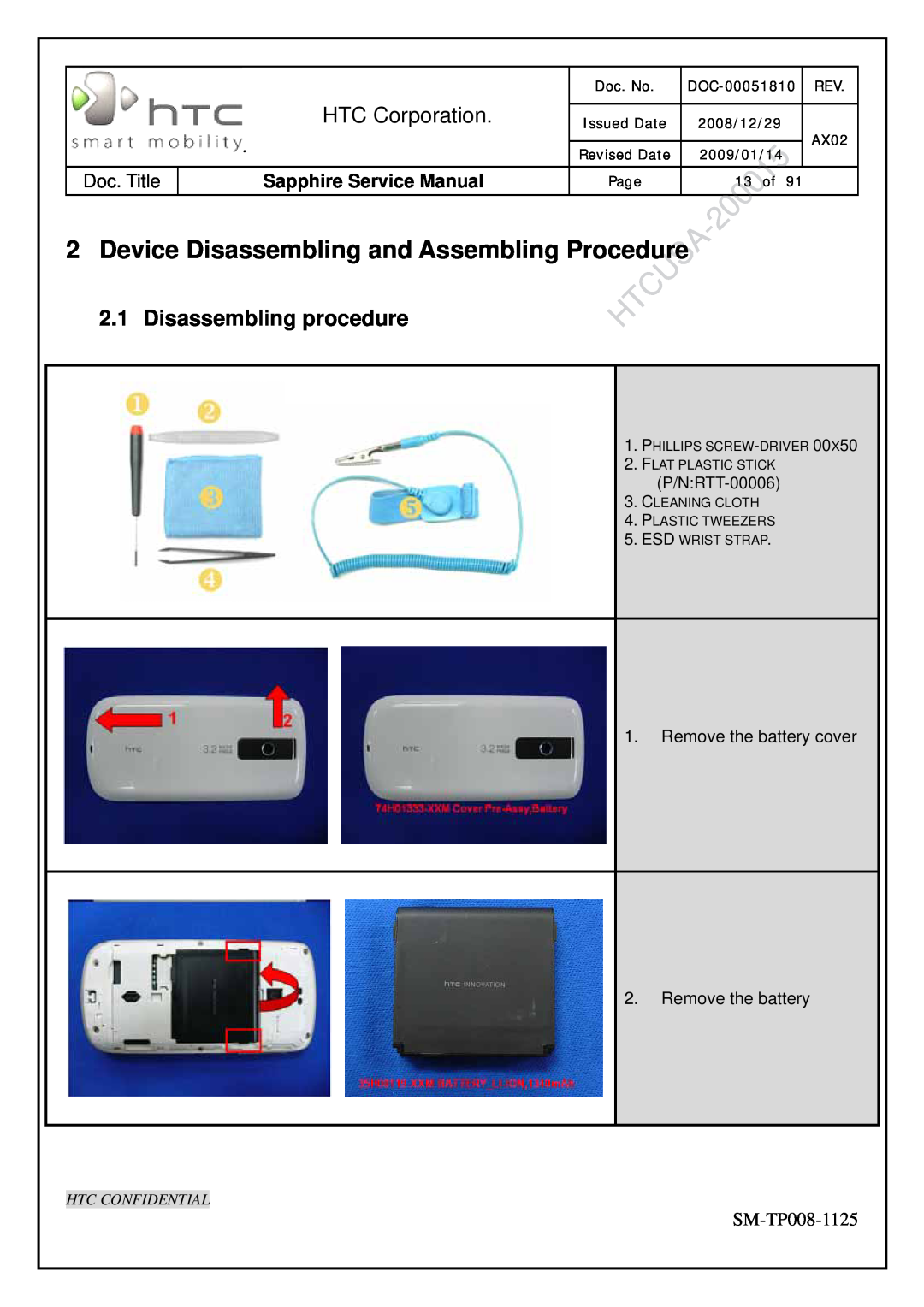 HTC SM-TP008-1125 Device Disassembling and Assembling Procedure, Disassembling procedure, HTC Corporation, Doc. No, 13 of 
