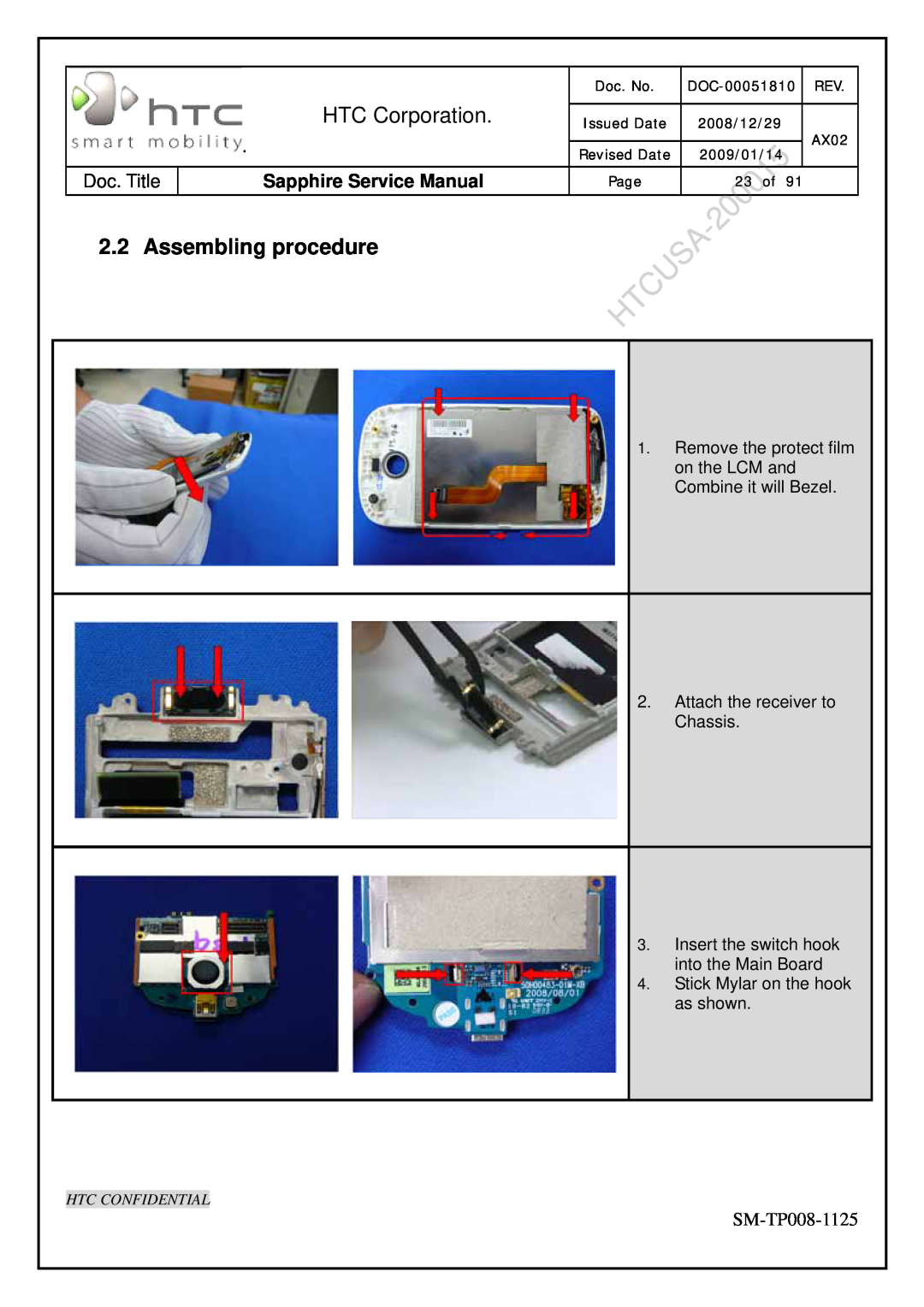 HTC SM-TP008-1125 Assembling procedure, HTC Corporation, Sapphire Service Manual, Attach the receiver to Chassis, Doc. No 