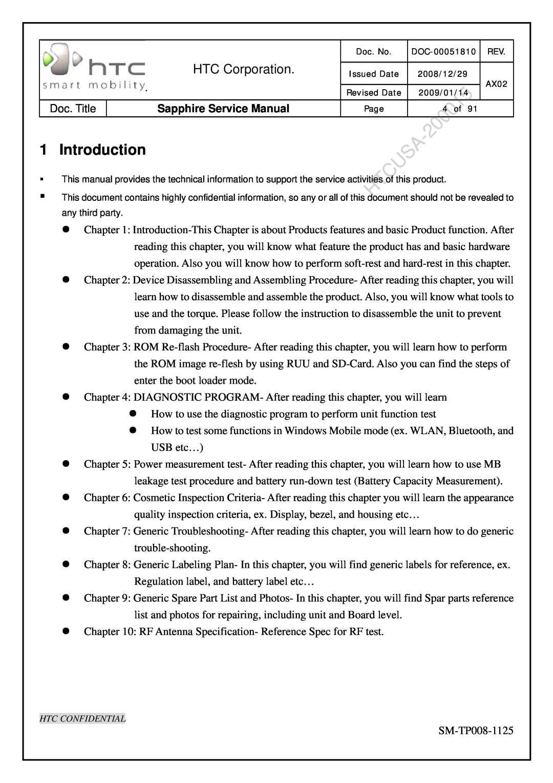 HTC SM-TP008-1125 service manual Introduction, HTC Corporation, Sapphire Service Manual 