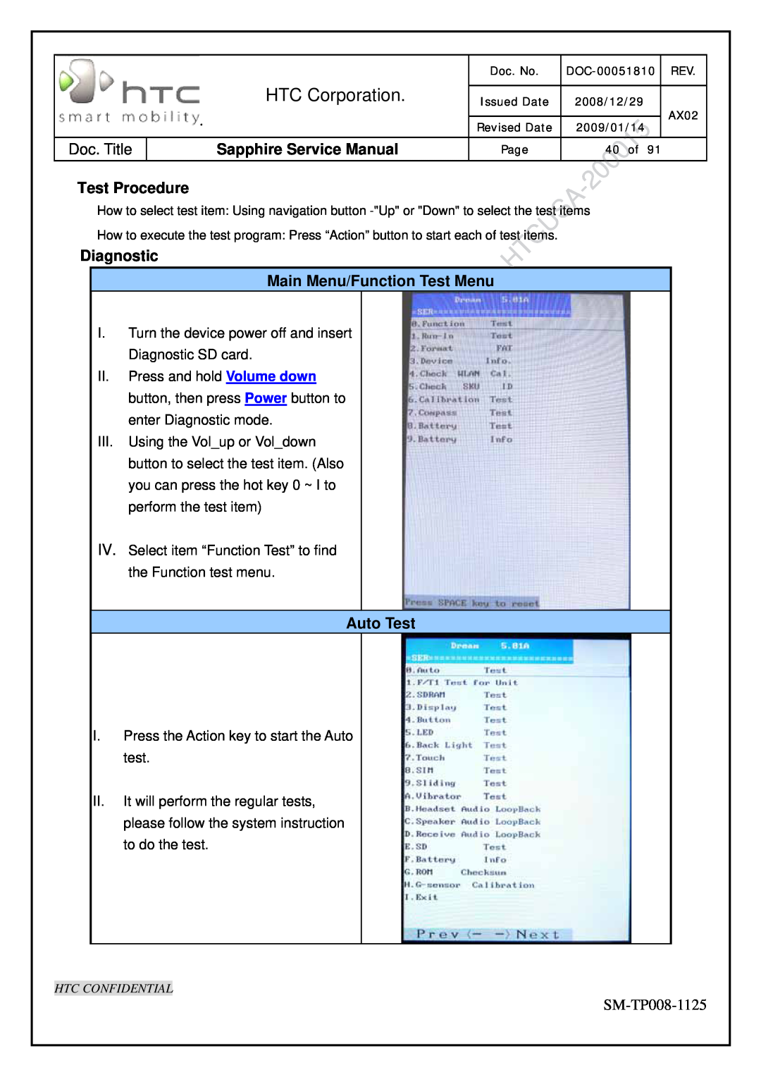 HTC SM-TP008-1125 service manual Test Procedure, Diagnostic Main Menu/Function Test Menu, Auto Test, HTC Corporation 