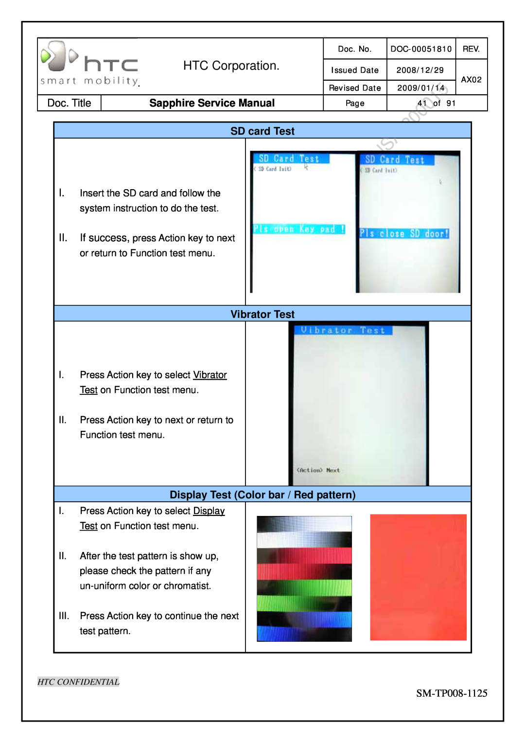 HTC SM-TP008-1125 service manual SD card Test, Vibrator Test, Display Test Color bar / Red pattern, HTC Corporation 
