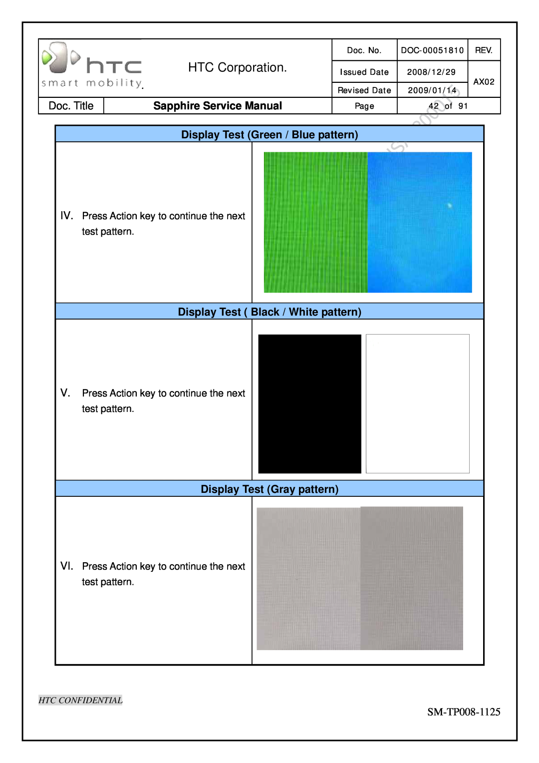 HTC SM-TP008-1125 Display Test Green / Blue pattern, Display Test Black / White pattern, Display Test Gray pattern, 42 of 