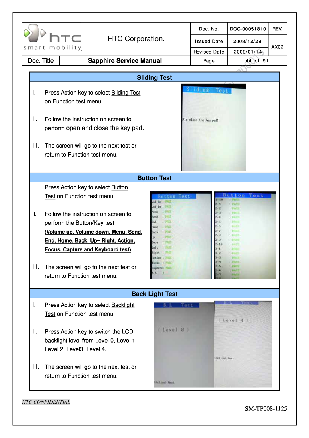 HTC SM-TP008-1125 service manual Sliding Test, Button Test, Back Light Test, HTC Corporation, Sapphire Service Manual 