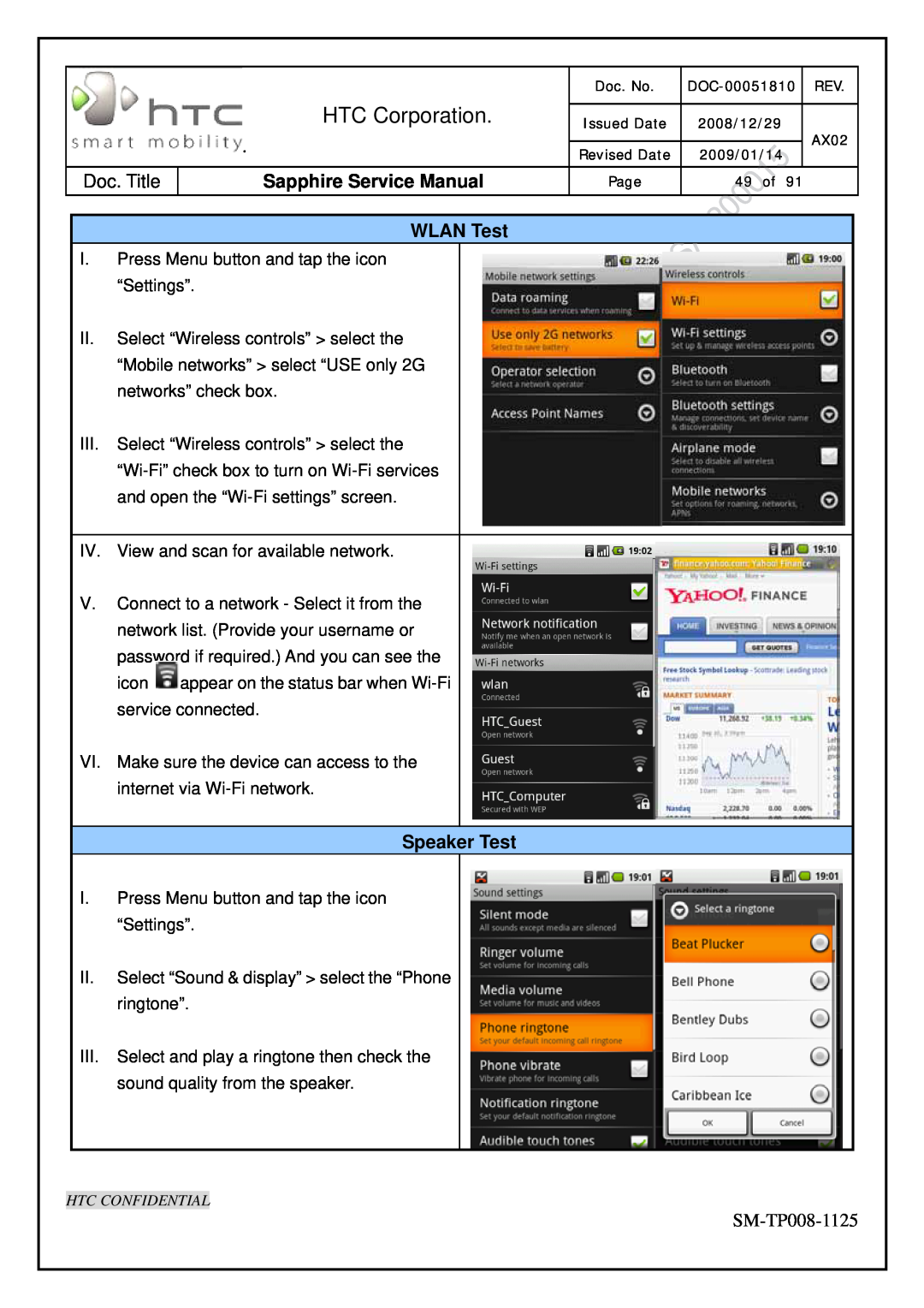 HTC SM-TP008-1125 service manual WLAN Test, Speaker Test, HTC Corporation, Sapphire Service Manual 