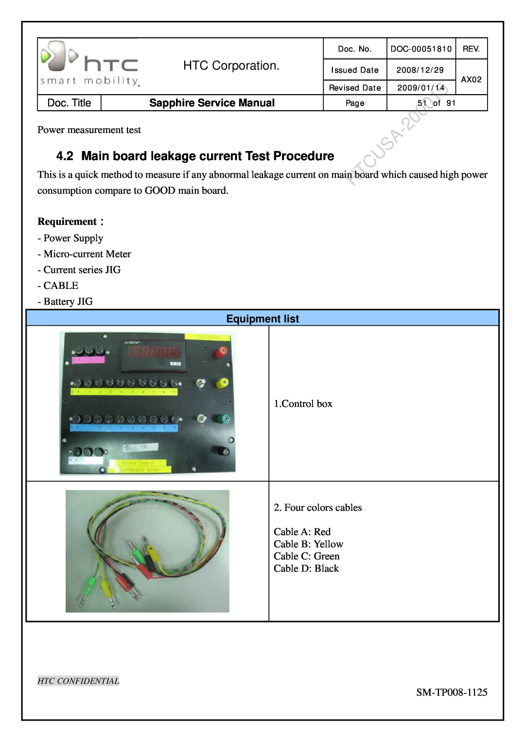 HTC SM-TP008-1125 service manual Main board leakage current Test Procedure, Requirement：, Equipment list, HTC Corporation 
