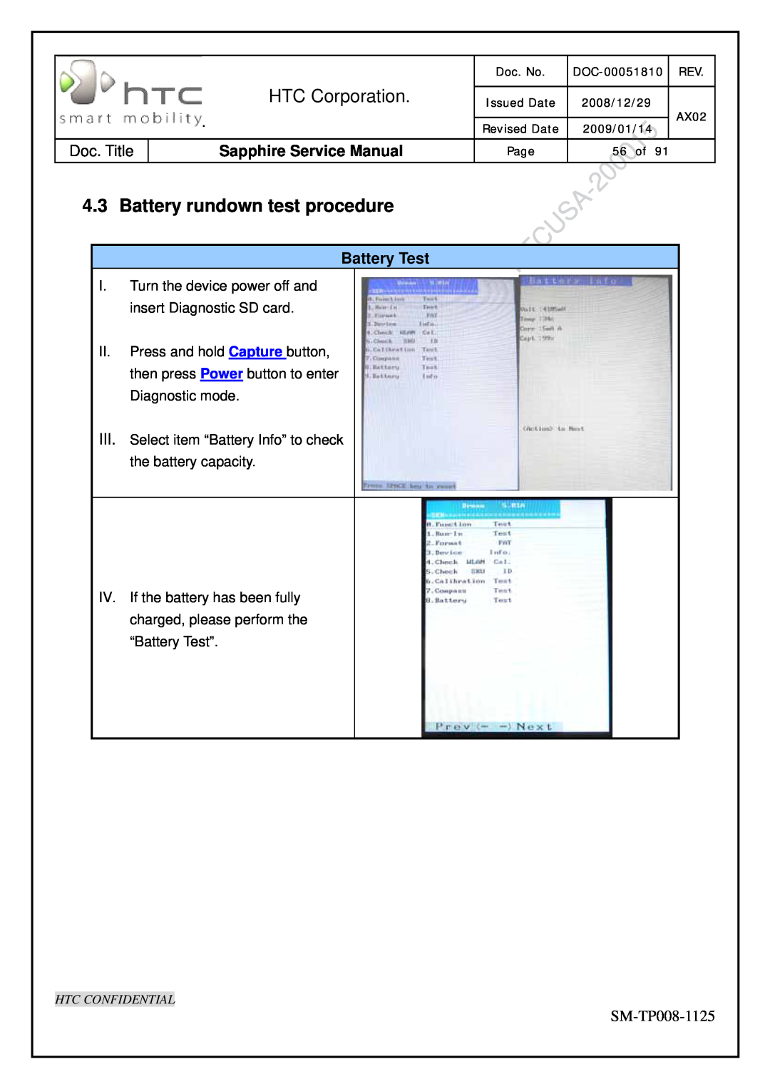 HTC SM-TP008-1125 service manual Battery rundown test procedure, Battery Test, HTC Corporation, Sapphire Service Manual 