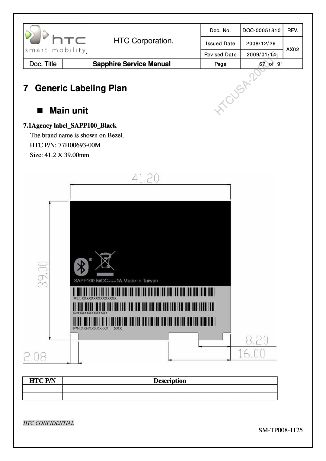 HTC SM-TP008-1125 Generic Labeling Plan „ Main unit, 7.1Agency labelSAPP100Black, Htc P/N, Description, HTC Corporation 