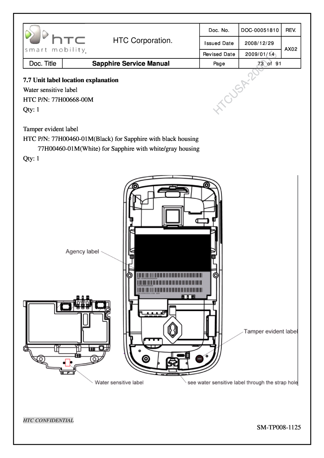 HTC SM-TP008-1125 Unit label location explanation Water sensitive label, HTC Corporation, Sapphire Service Manual, Doc. No 
