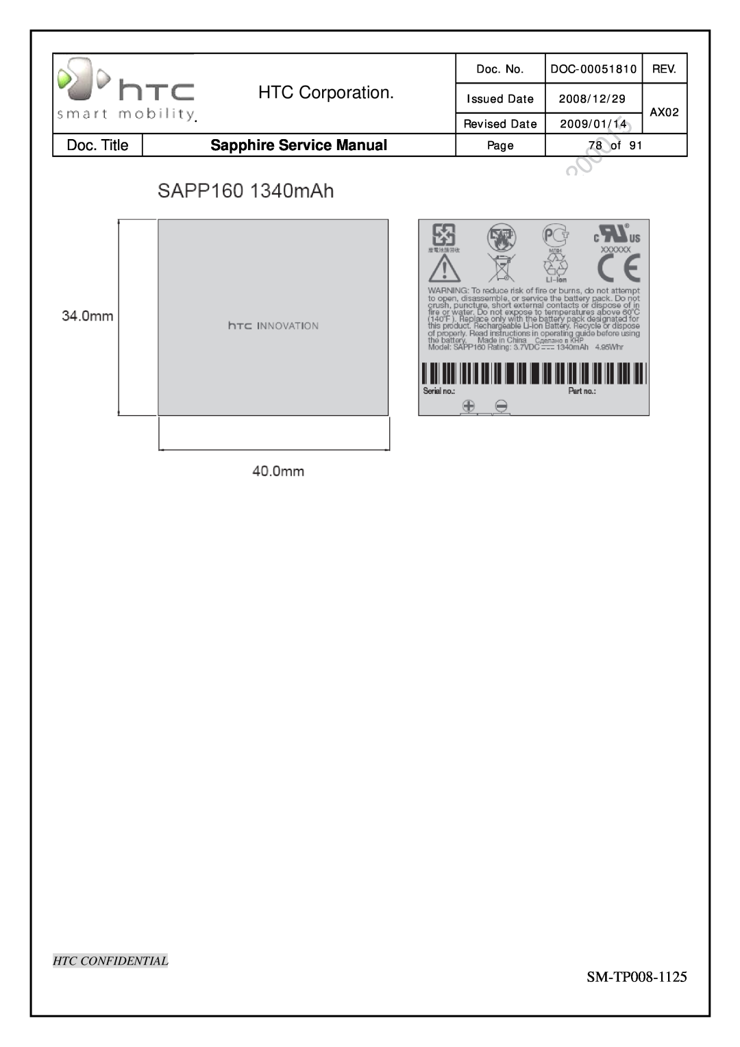 HTC SM-TP008-1125 HTC Corporation, Sapphire Service Manual, Htc Confidential, Doc. No, DOC-00051810, 78 of, Issued Date 