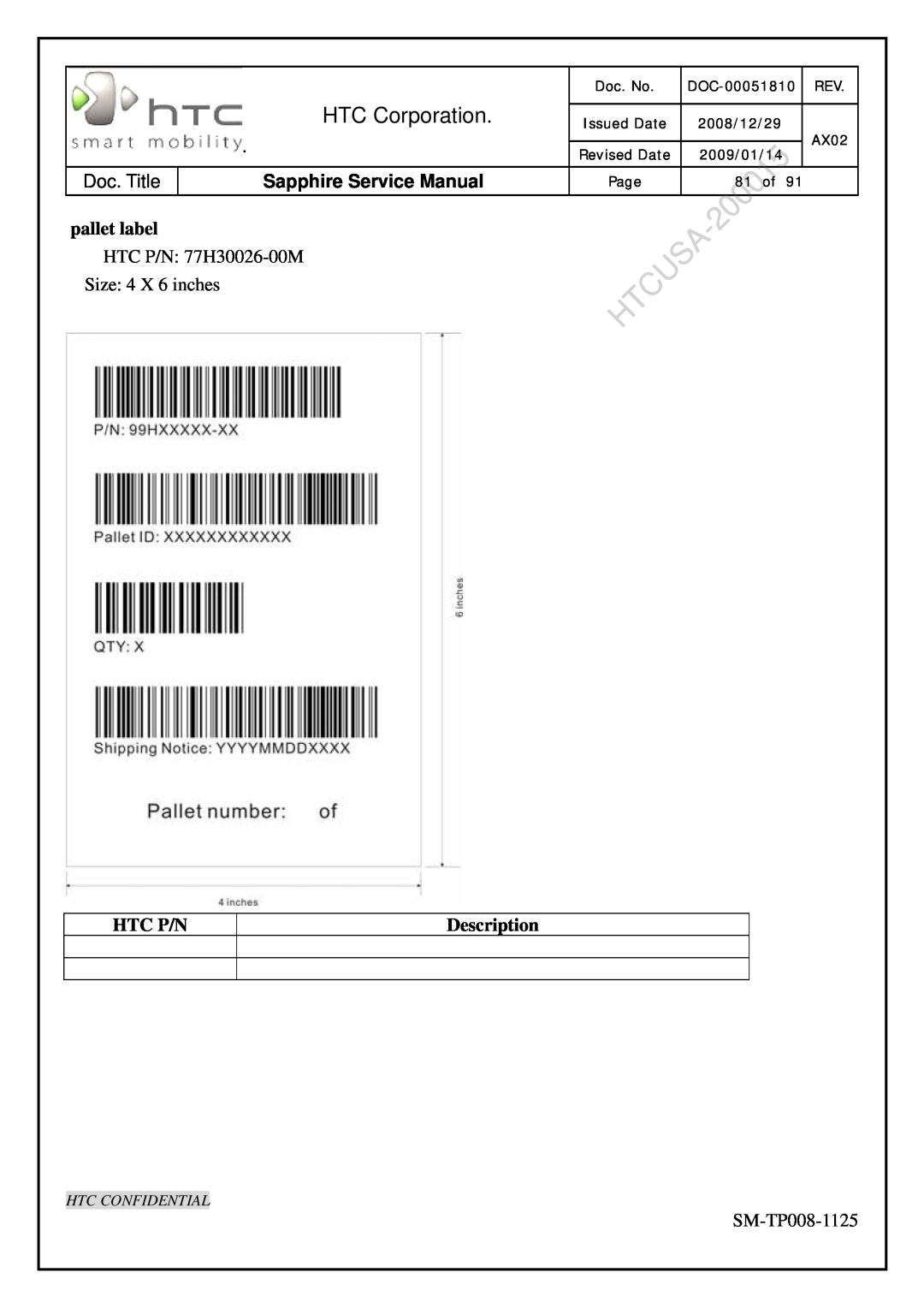 HTC SM-TP008-1125 pallet label, HTC Corporation, Sapphire Service Manual, Htc P/N, Description, Htc Confidential, Doc. No 