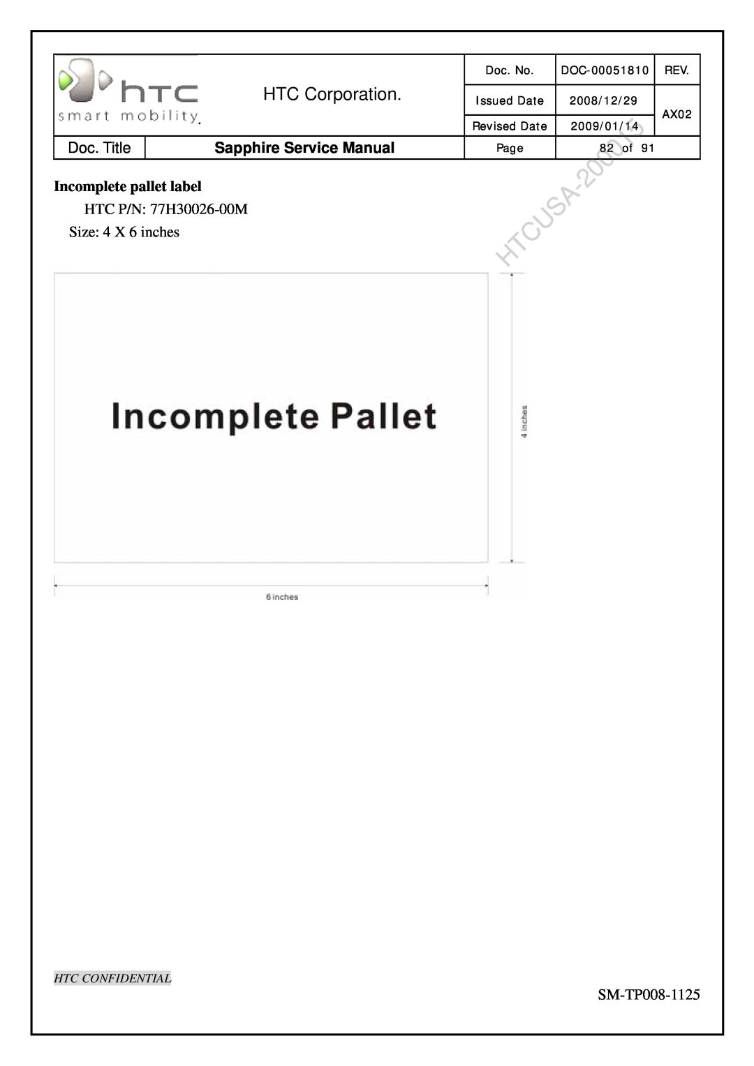 HTC SM-TP008-1125 Incomplete pallet label, HTC Corporation, Sapphire Service Manual, Htc Confidential, Doc. No, 82 of 