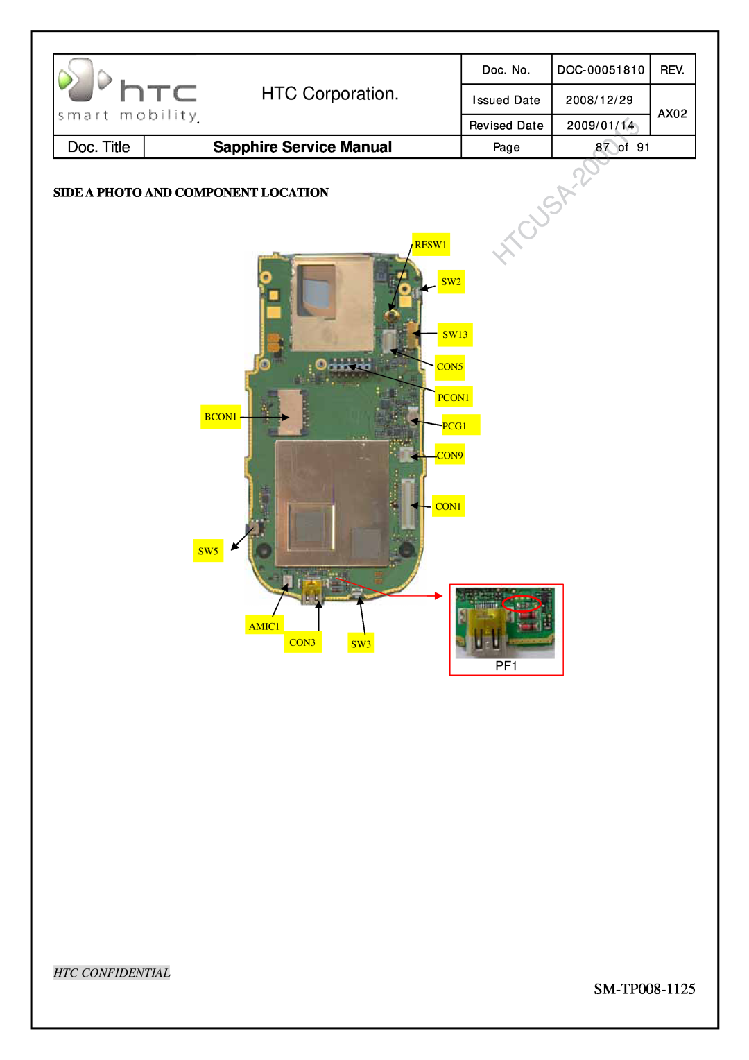 HTC SM-TP008-1125 HTC Corporation, Sapphire Service Manual, Side A Photo And Component Location, Htc Confidential, Doc. No 