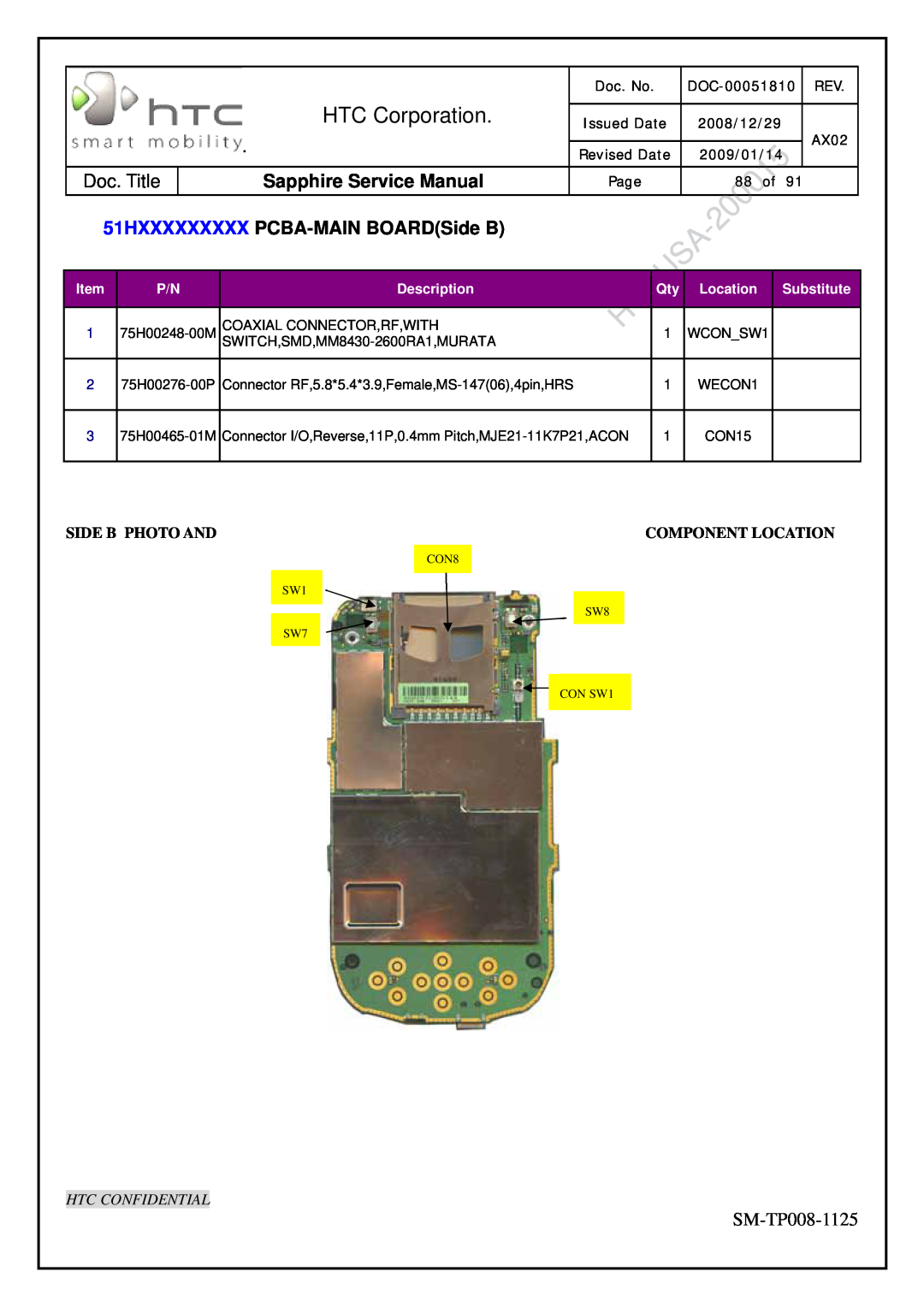 HTC SM-TP008-1125 51HXXXXXXXXX PCBA-MAIN BOARDSide B, HTC Corporation, Sapphire Service Manual, Side B Photo And, Doc. No 