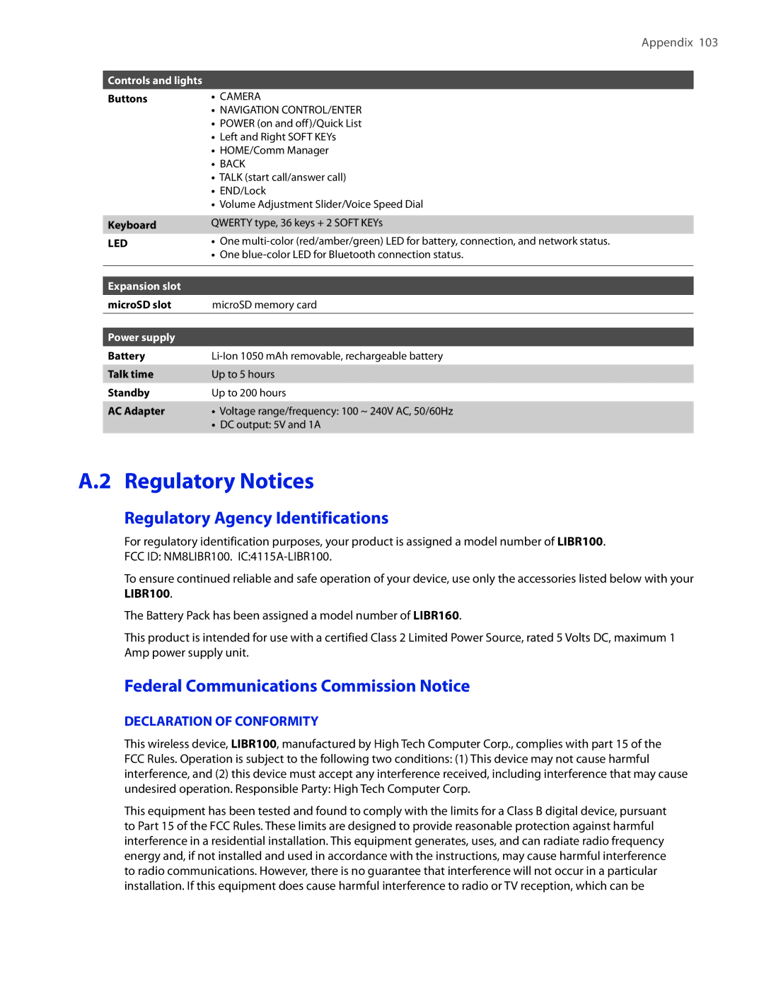 HTC SMT5800 user manual Regulatory Notices, Regulatory Agency Identifications, Federal Communications Commission Notice 