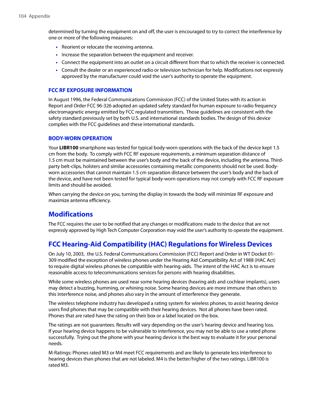 HTC SMT5800 user manual Modifications, FCC RF Exposure Information, BODY-WORN Operation 