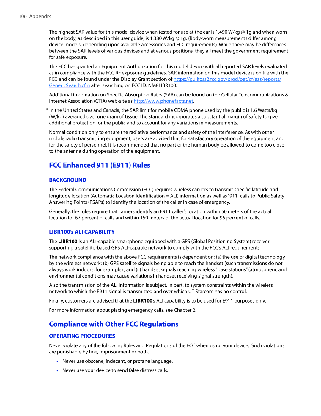 HTC SMT5800 FCC Enhanced 911 E911 Rules, Compliance with Other FCC Regulations, Background, LIBR100’s ALI Capability 