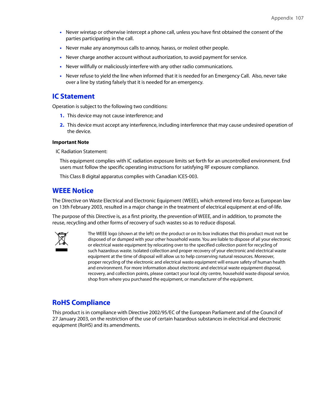 HTC SMT5800 user manual IC Statement, Weee Notice, RoHS Compliance, Important Note 